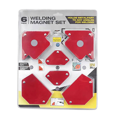 Packaging of Six Piece Strong Welding Magnet Set With Right Angled And Multi Angle Holders shown on a white background.