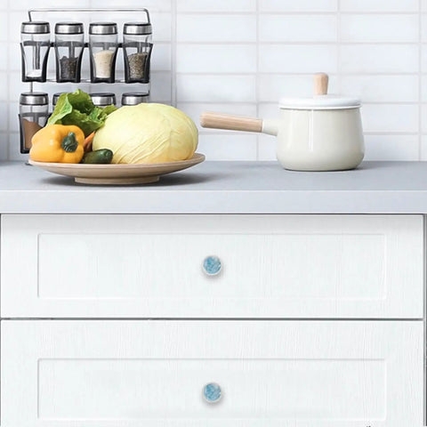 Upgrade Your Place With This Sweet 4 Pack Of Light Blue Marble Cabinet Knobs Featuring Straight Up Durable Crystal Glass And A Fresh Mushroom Look For Dressers Kitchen Cabinets And Pantries on white kitchen drawers.
