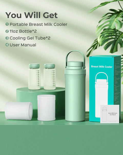 Game Changer In Your Diaper Bag Portable Breast Milk Cooler Bottle With All Day Cooling showing two bottles and cooler setup.