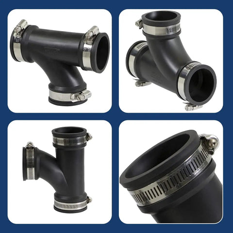 No Sweat Flex Tee Coupling With Heavy Stainless Steel Bands Fits One Point Five Inch Pipe For Dwv And Sewer Lines Rust Tight Gasket Seal