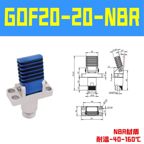 Robotic Arm Pneumatic Holding Tool With Finger Cylinder Pulling Single Action Fixture GOP GOF-2020 Pro Grade With Selector Switch For Precise Gripping And Assembly Tasks GOF-20-20NBR, blue unit with dimension drawing
