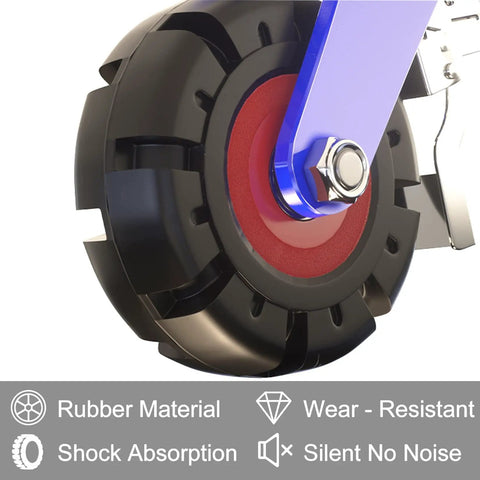 Rugged Swivel Caster Set Of Four With Solid Rubber Tires Dual Locking Brakes Plus Heavy Duty Steel Bodies Available In Six Eight Ten Twelve Inch Sizes Built Tough For Daily Commercial Workloads, close-up view of shock-absorbing rubber wheel.