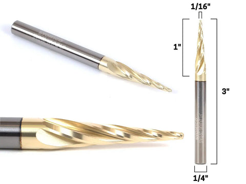 Tapered Endmill Ball Nose Router Bits Set for CNC Engraving Pro Grade Solid Carbide Spiral Cutters with 1 Quarter Inch Shank 1 Inch Cutting Length Includes 3 and 4 Flute Bits Multi Axis Carving ZRN Coated