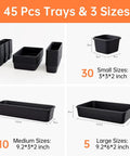 45 Pack Tool Box Organizer Trays And Dividers For Drawer And Toolbox Garage Storage Set with various sized black bins.