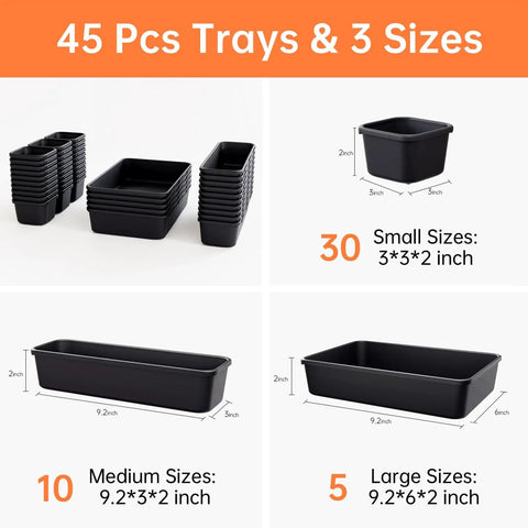 45 Pack Tool Box Organizer Trays And Dividers For Drawer And Toolbox Garage Storage Set with various sized black bins.