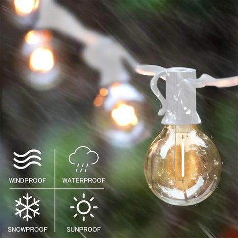 Close-up of a G40 LED bulb on 97 Ft White Outdoor String Lights With 49 Shatterproof G40 LED Bulbs, Waterproof And Connectable