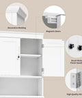 Premium Over The Toilet Storage Cabinet Featuring Adjustable Solid Wood Shelves And Deep Storage Bins For Rolls And Towels In A Sleek White Bathroom Organizer, showing details like decorative molding and magnetic doors.