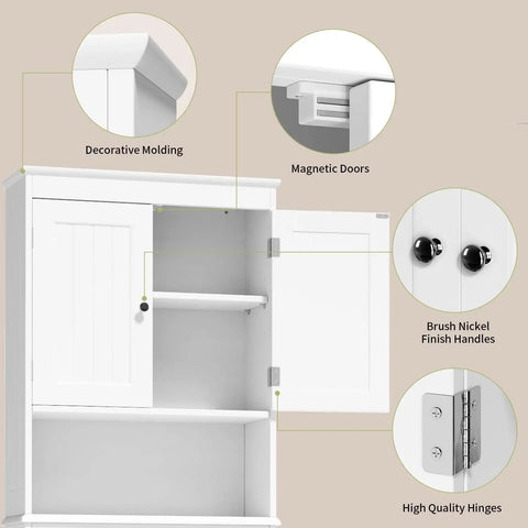 Premium Over The Toilet Storage Cabinet Featuring Adjustable Solid Wood Shelves And Deep Storage Bins For Rolls And Towels In A Sleek White Bathroom Organizer, showing details like decorative molding and magnetic doors.