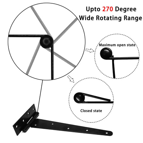 2 Piece Heavy Duty T Strap Hinge And Slide Smooth Barn Door Hardware Kit With Wide Sliding Latch For Courtyard Gates And Fences Matte Black Finish showing 270 degree rotating range and hinge states.