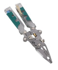 Get 8.8 Inch Folding Wire Stripper Pliers With Built-in Voltage Tester And Screwdriver. Close-up of compact, multi-function metal tool.