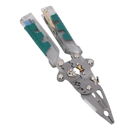 Get 8.8 Inch Folding Wire Stripper Pliers With Built-in Voltage Tester And Screwdriver. Close-up of compact, multi-function metal tool.