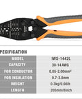 Open Barrel Terminal Crimp Tool For AWG 30 14 Contacts with specification chart, model IWS-1442L, visible.