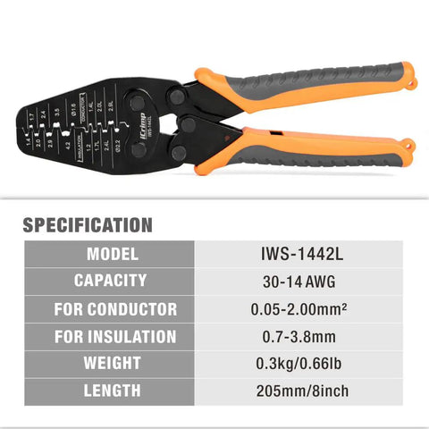 Open Barrel Terminal Crimp Tool For AWG 30 14 Contacts with specification chart, model IWS-1442L, visible.