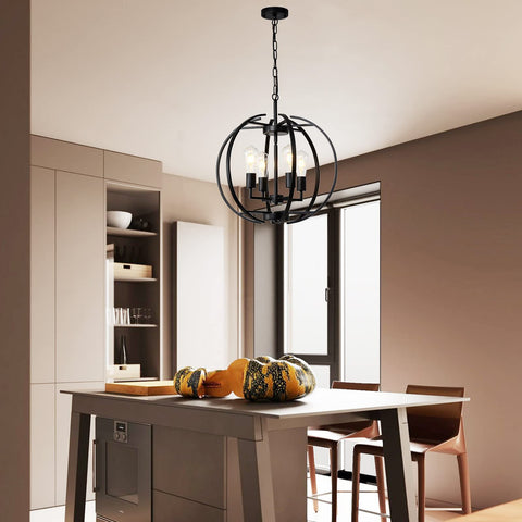 Large Lantern Globe Black Chandelier For Farmhouse Vibe, Four Light Pendant Ceiling Fixture above kitchen island