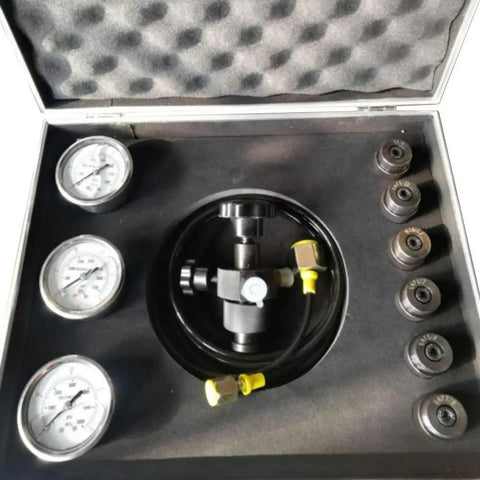 Pro Grade Heavy Duty Hydraulic Accumulator Nitrogen Charging And Pressure Test Kit With Three Gauges And Seven Adapters Plus Two Meter Gas Hose For Quick Inflation Compatible With Most Accumulators