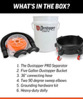 Premium Cyclone Dust Collector Kit With Reinforced Five Gallon Bucket And Rock Solid Rolling Dolly For Shop Vacs includes separator, hose, bucket, and dolly.