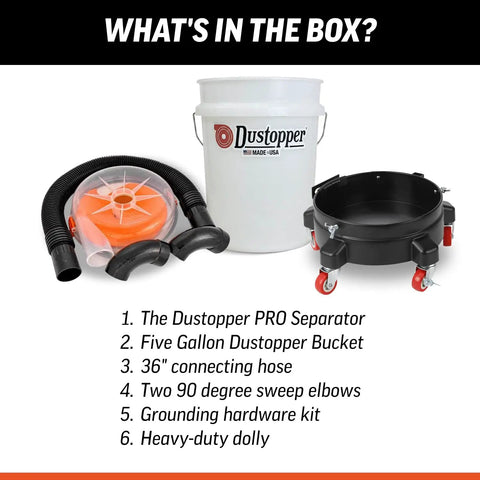 Premium Cyclone Dust Collector Kit With Reinforced Five Gallon Bucket And Rock Solid Rolling Dolly For Shop Vacs includes separator, hose, bucket, and dolly.