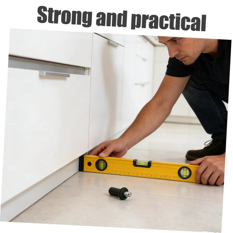 Man measuring cabinet with level, 24 Piece Cabinet Door Repair Pins Kit With Spring Loaded Hinge Pins For Plastic And Metal on floor.