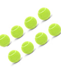 Seven bright green tennis balls on a white background.