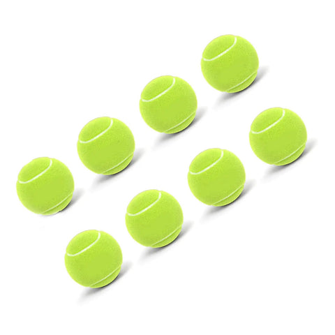 Seven bright green tennis balls on a white background.