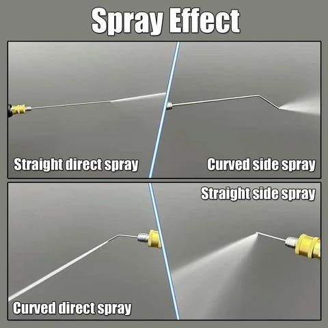 Diagram showing 4 Pack High Pressure Washer Nozzle Tips With 1/4 Quick Connect spray effects: straight direct, curved side, straight side, curved direct.