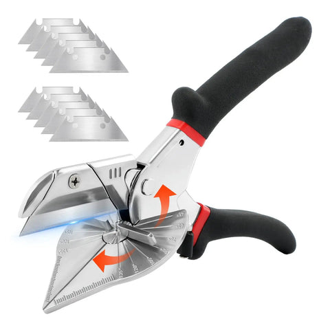 Kickass Heavy Duty Miter Shears Multi Angle Cutter with ten spare blades and non-slip grip for precise cutting of trunking and wood.
