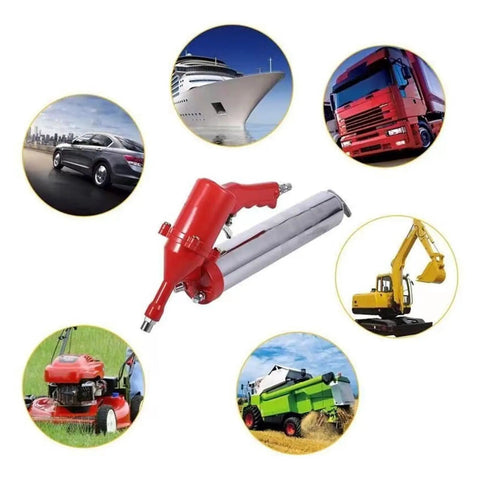 Beefy 400cc Pneumatic Grease Gun with stainless steel spring, shown with vehicles and machinery, portable manual oil gun