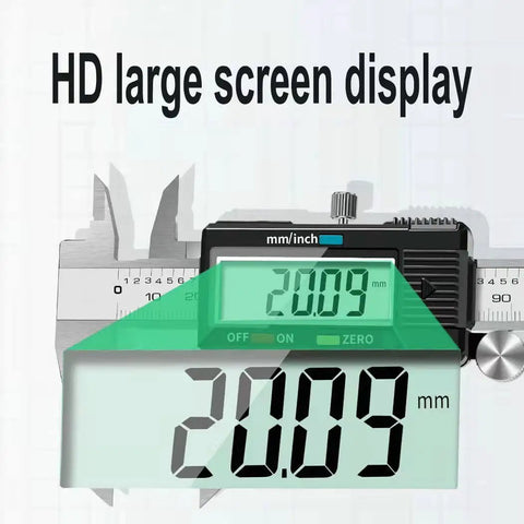Digital Caliper With Stainless Steel Body, Easy Inch To Metric Switch, LCD Display showcasing measurement at 20.09mm