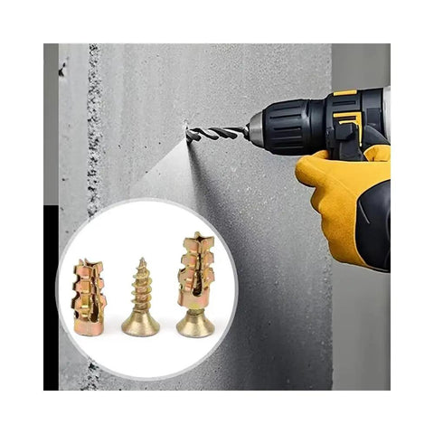 Heavy-Duty 6x14mm Wall Expansion Plug And Self-Tapping Screw Anchoring Kit For Solid Stone Drywall And Concrete close-up with drill
