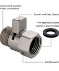 Brushed nickel brass shower valve with lever handle and G1/2 threaded connections; includes rubber washer.