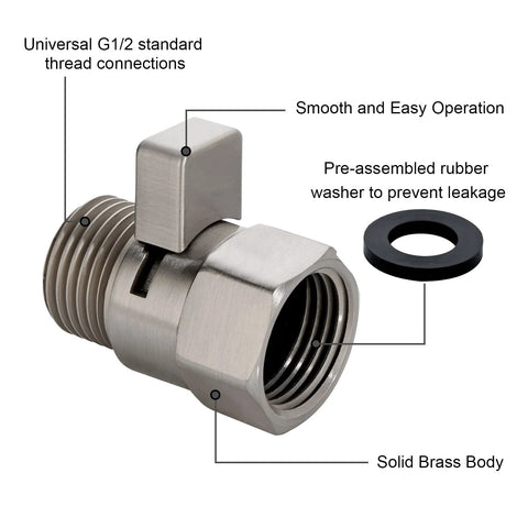 Brushed nickel brass shower valve with lever handle and G1/2 threaded connections; includes rubber washer.