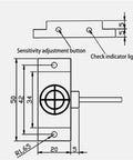 Diagram of Capacitive Proximity Switch Sensor With 10mm Sensing Range, showing dimensions and indicators for adjustment.