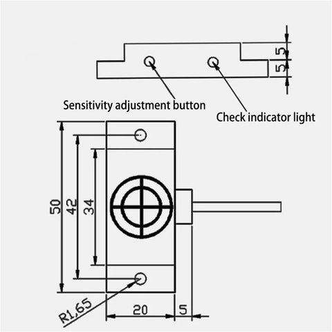 Diagram of Capacitive Proximity Switch Sensor With 10mm Sensing Range, showing dimensions and indicators for adjustment.