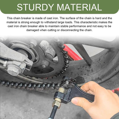 Close-up view of Heavy Duty Chain Breaker Tool For 420 428 520 525 528 530 Motorcycle Chain Link Removal being used on bike chain.