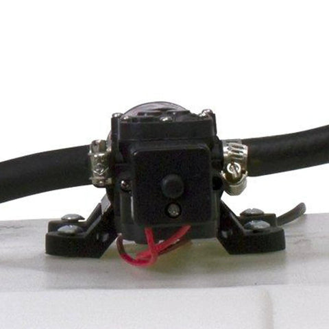 15 Gallon ATV UTV Spot Sprayer With 18 Inch Spray Wand, 12 Volt Diaphragm Pump, Filtration System, EZ Mount Quick Connect, No Shaft Or Seal Replacements, Translucent White Poly Tank For Lawn Care And Chemical Mixing pump close-up with hose clamps and red wires