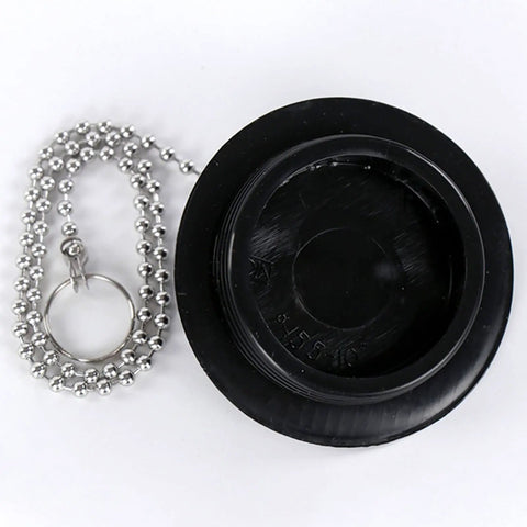 Bathtub Drain Stopper with Rubber Bath Plug featuring a black rubber design and silver chain for easy removal.