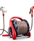 Slick Wall Mounted Garden Hose Reel Holder Featuring Expandable Metal Build And Zero Hassle Watering Cart For Outdoor Spraying Or Car Washing Smooth Rolling Design with attached spray nozzle.