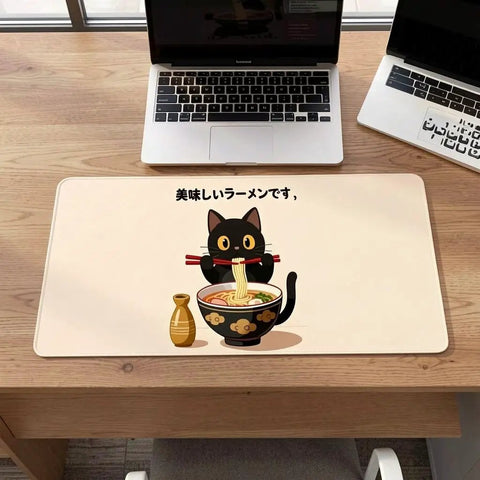 Cat Eat Ramen Meme Mouse Pad Slaps Your Desk With Style, 12x16 Inch on wooden desk with laptop, non-slip rubber base