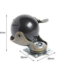 Top Shelf 4 Pack Heavy Duty Furniture Caster Wheels In Antique Brass With 360 Degree Swivel Tops that feature a black ball design and dimensions.