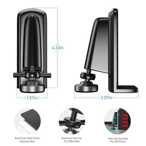 Heavy Duty Portable Door Jammer With Stopper Lock For Hotel Room Safety And Home Entry Defense Rock Solid Travel Door Brace No Nonsense Security Gear In Sleek Black, dimensions and design details shown.
