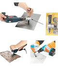 Double Head Metal Sheet Nibbler Cutter for Drill Attachments in use cutting metal sheets, package and tool shown, 7.4mm cutting diameter