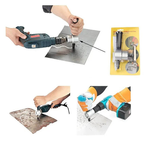 Double Head Metal Sheet Nibbler Cutter for Drill Attachments in use cutting metal sheets, package and tool shown, 7.4mm cutting diameter