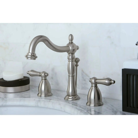 Heritage 8 Inch Widespread Lavatory Faucet With Brass Pop Up Dope Matte Black Finish for Modern Bathrooms on marble sink