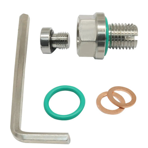 Ultimate M14x1.5 Oversize Piggyback Car Oil Drain Plug Repair Kit Made From Premium Stainless Steel For Easy Self Tapping Install And Serious Durability On Any Rig, with plug, washer, O-ring, and hex key