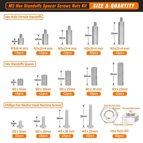 M3 Hex Standoff Spacer Screws and Nuts 270 Pcs Stainless Steel Hardware Kit for PCB and Circuit Boards sizes and quantity chart.