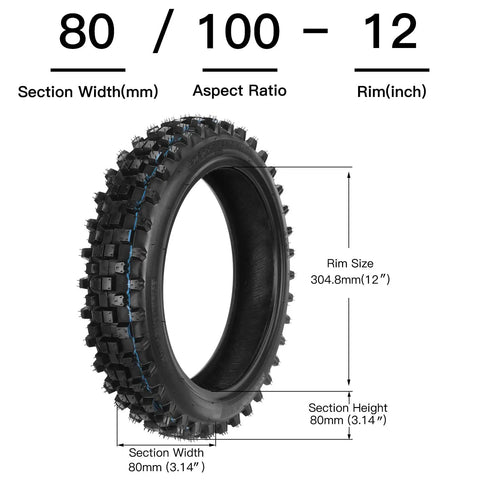 Dual Front 2.50-14 And Rear 3.00-12 Tire Tube Set showing 80/100-12 dimensions for Off Road Pit Bike MX.