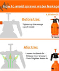Diagram illustrating how to avoid water leakage on a Two Pack 2L Handheld Garden Pump Sprayers With Adjustable Brass Nozzle, 12 inch height.