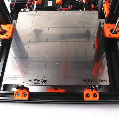 Straight Shot 3D Printer Bear Upgrade Kit Built For Prusa i3 Mk3 with heated stainless steel print bed and orange mounting clips.