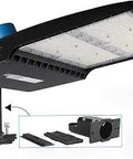 Powerful 300W LED Parking Lot Light With Dusk To Dawn Sensor 42000 Lumens at 5700K with direct arm and slip fitter mount shown