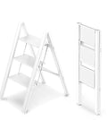 Three Step Folding Ladder For Home Use, Lightweight Aluminum Step Stool With Anti Slip Pedals, Easy Folding Mechanism, shown open and folded.
